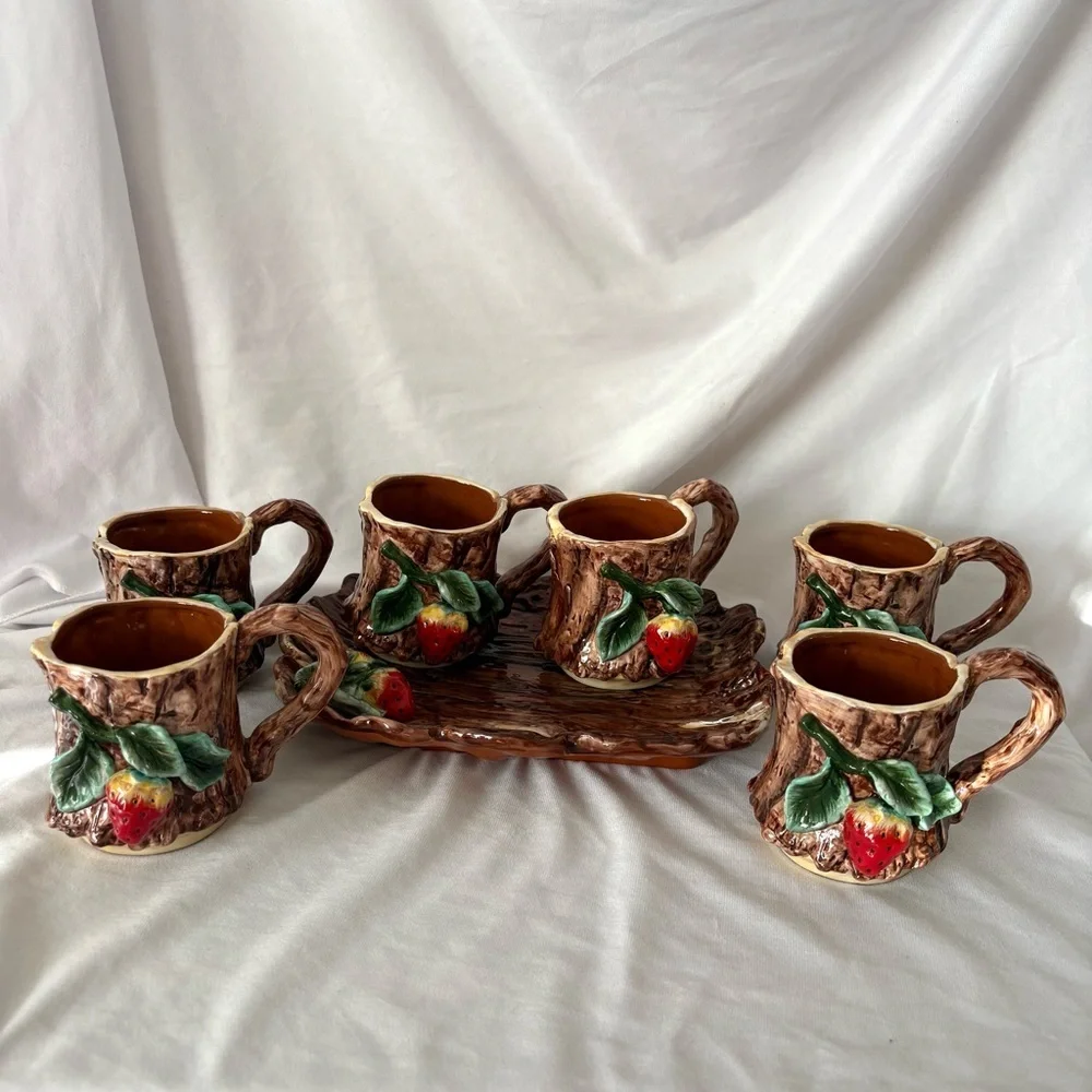 Vintage ceramic strawberry 6 mug set with serving tray apple tree dining home